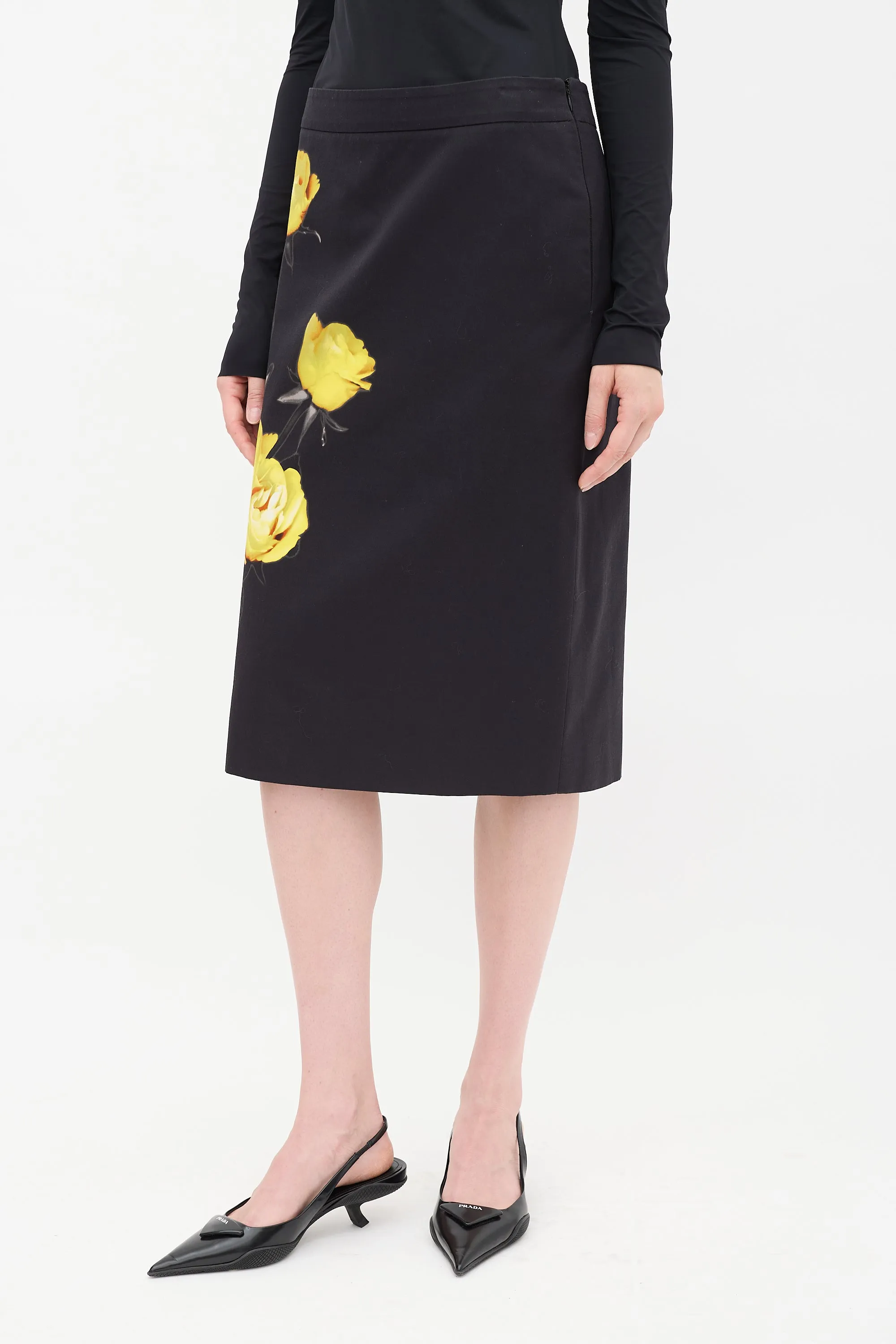 Black & Yellow Cotton Floral Midi Skirt