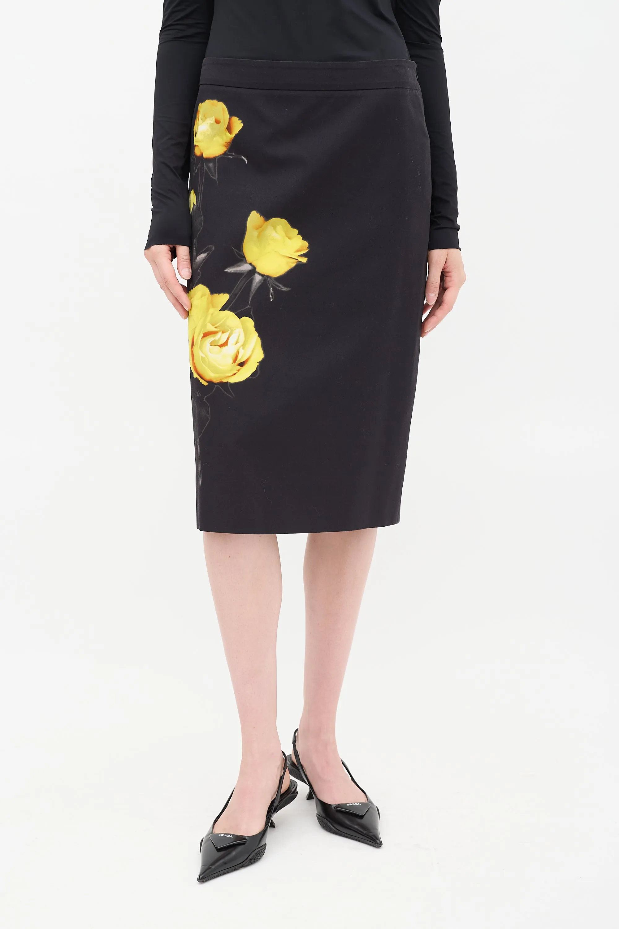 Black & Yellow Cotton Floral Midi Skirt
