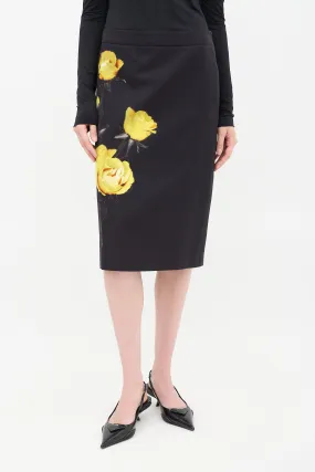 Black & Yellow Cotton Floral Midi Skirt
