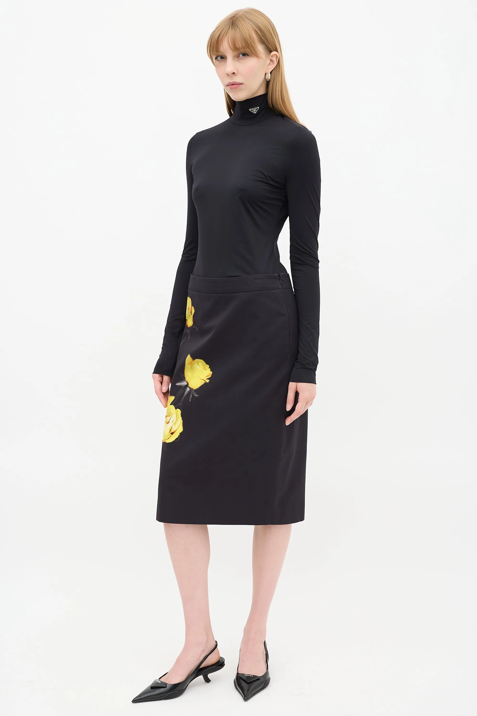 Black & Yellow Cotton Floral Midi Skirt