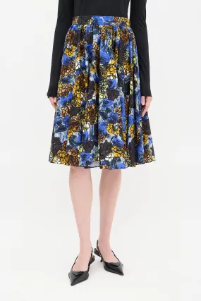 Blue & Multicolour Cotton Floral Gathered Midi Skirt