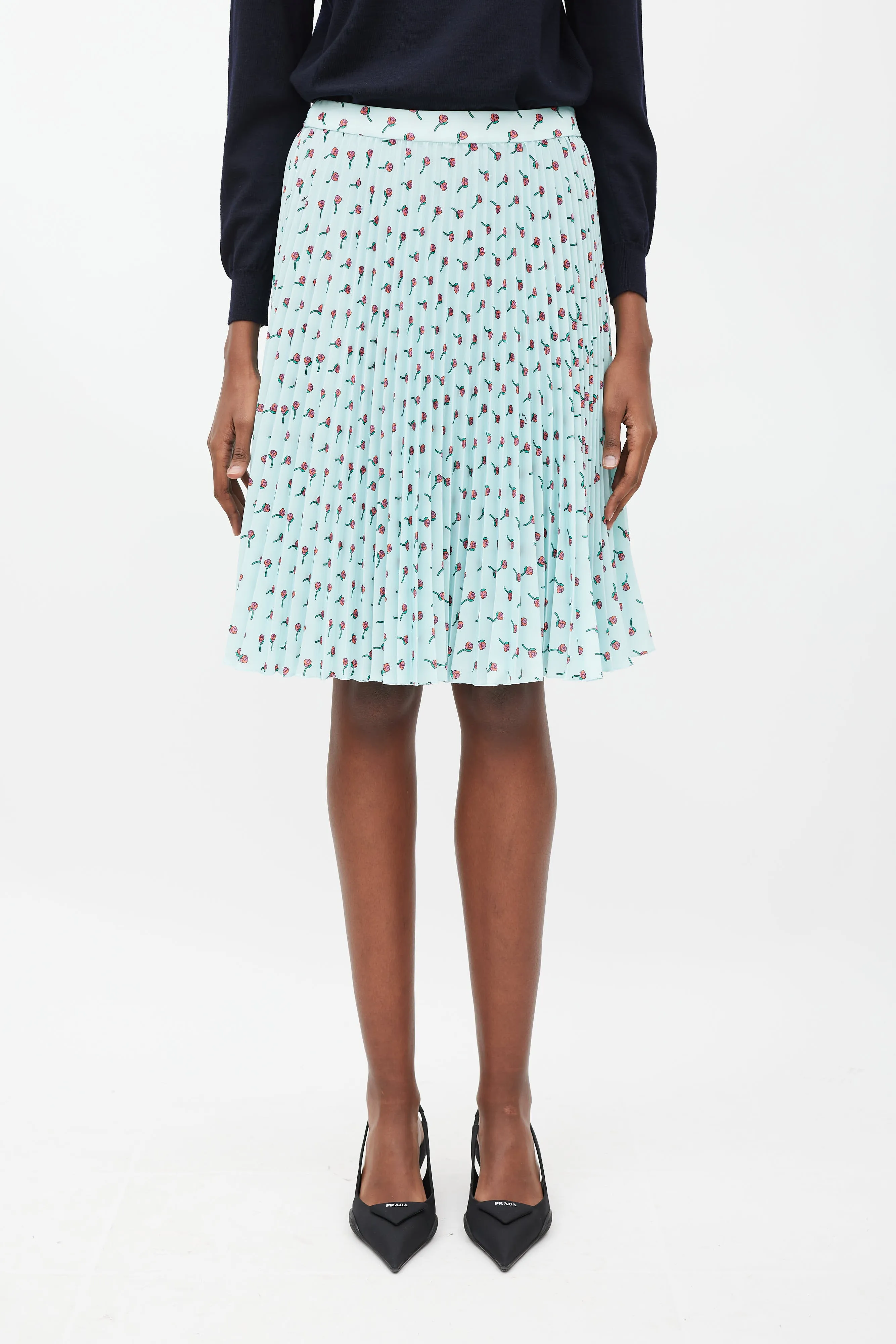 Blue & Multicolour Floral Pleated Skirt