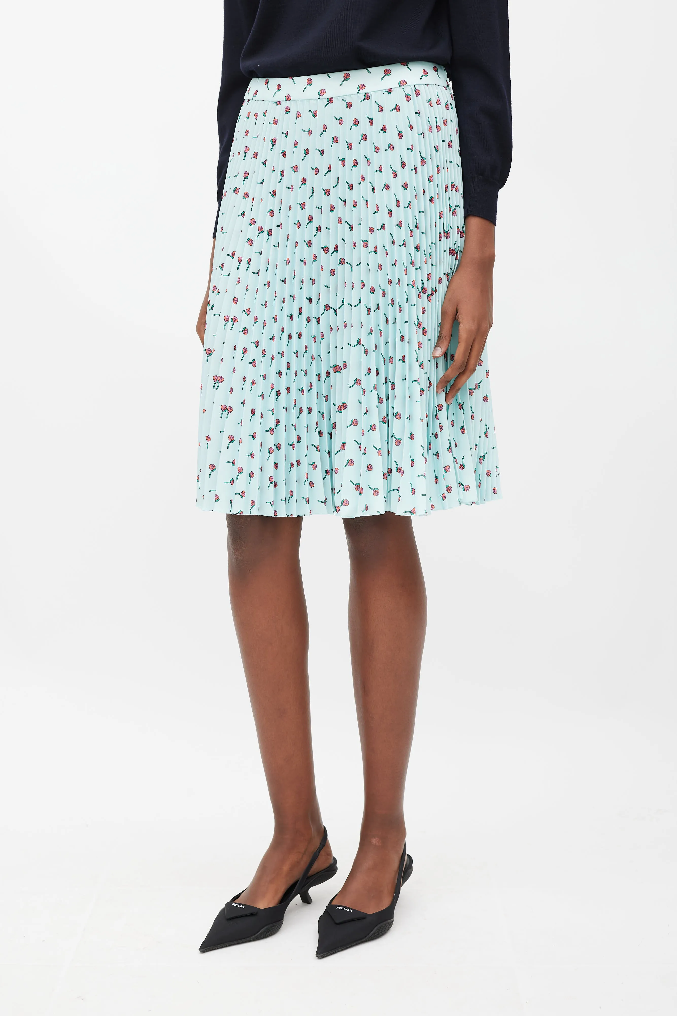 Blue & Multicolour Floral Pleated Skirt
