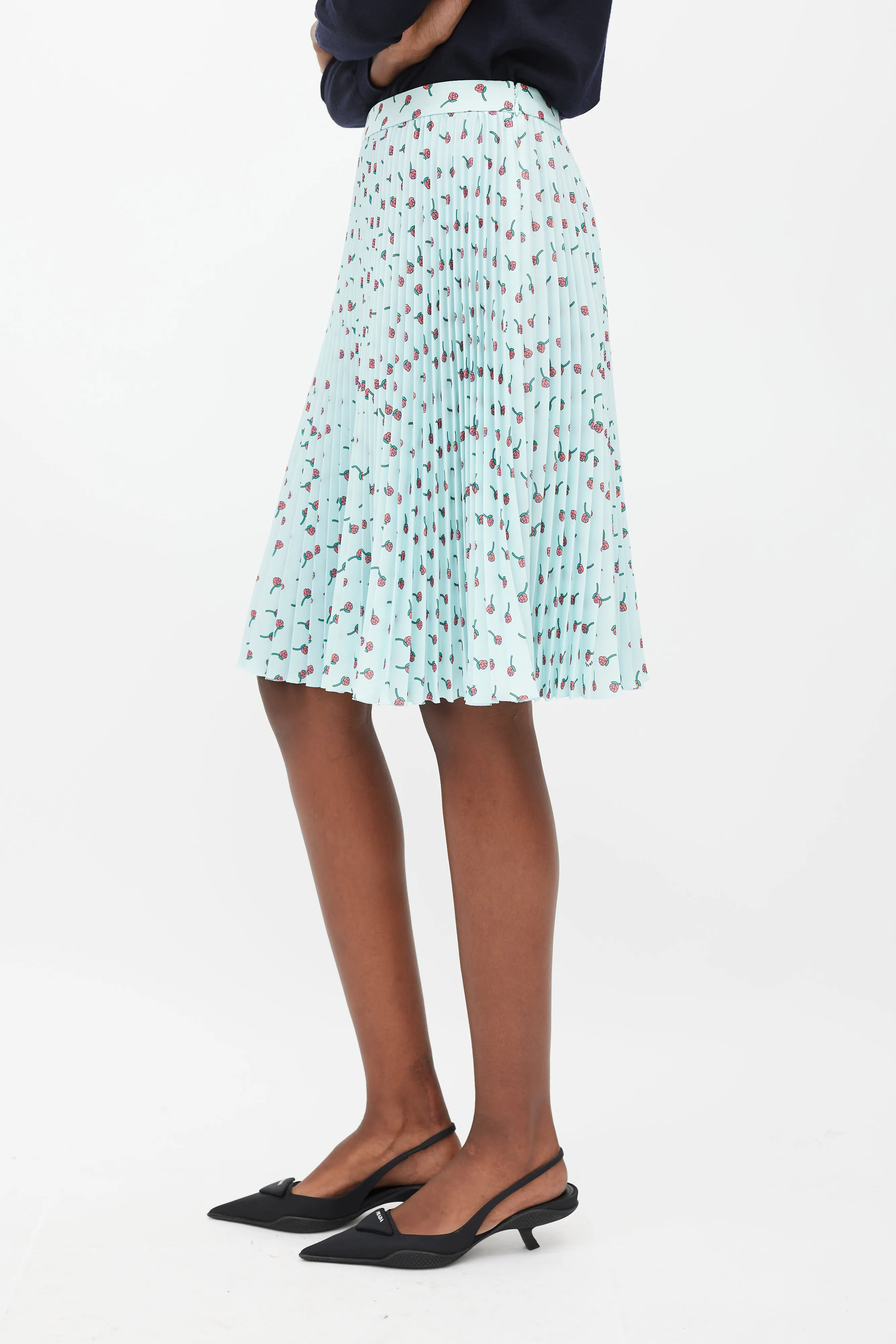 Blue & Multicolour Floral Pleated Skirt