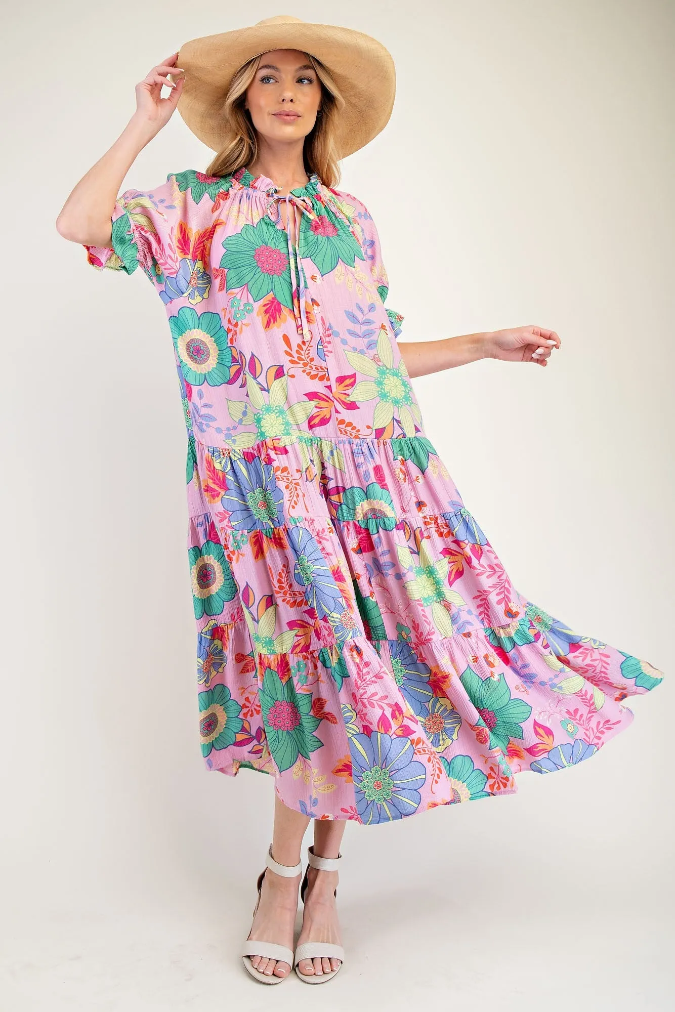 Easel PEACH BLOSSOM Print Maxi Dress in Powder Pink ON ORDER