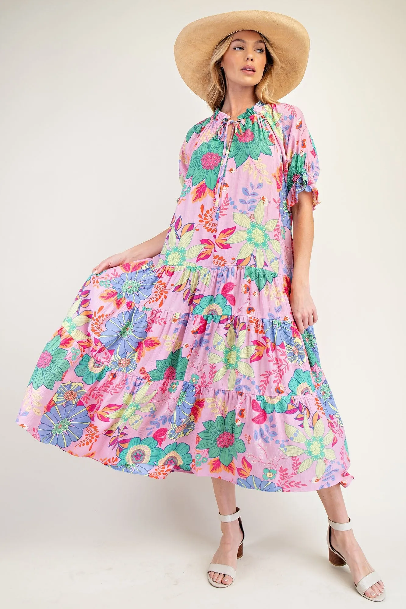 Easel PEACH BLOSSOM Print Maxi Dress in Powder Pink ON ORDER
