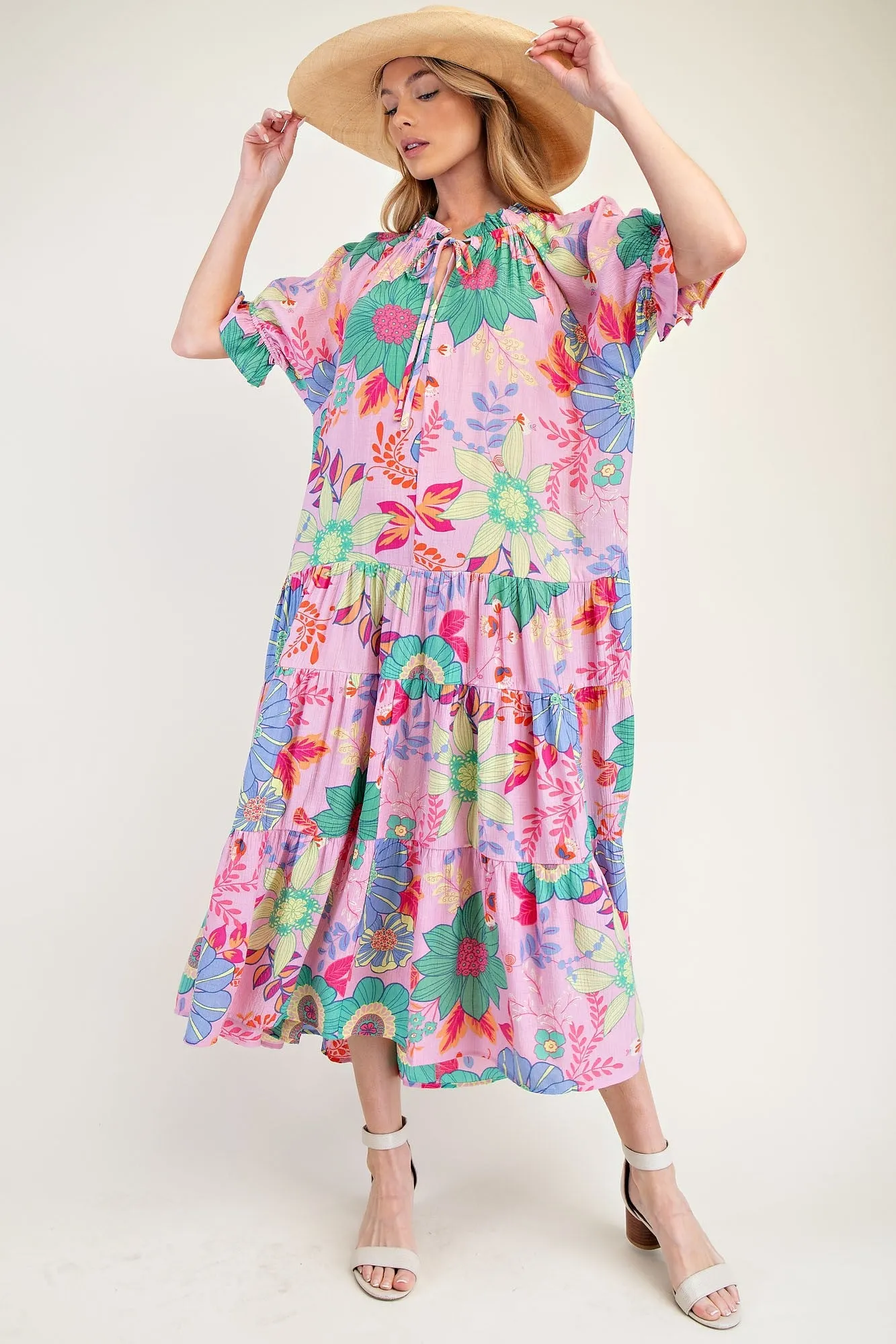 Easel PEACH BLOSSOM Print Maxi Dress in Powder Pink ON ORDER