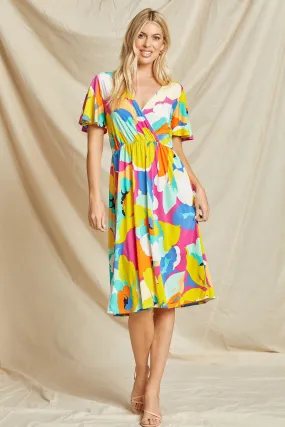 Floral Wrap Midi Dress in Fuchsia/Yellow/Royal FINAL SALE