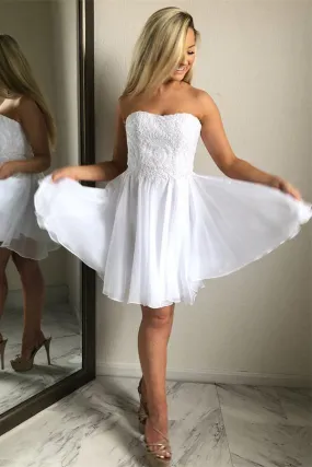 Flowy White Lace Up Short Lace Chiffon Homecoming Dress