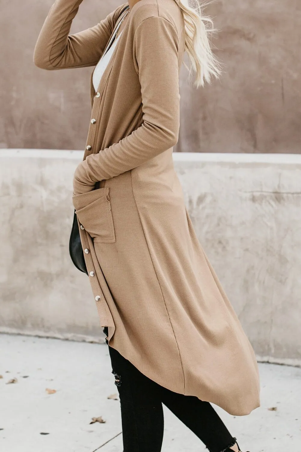 Khaki Selected Button Down Pocketed Knit High Low Long Cardigan