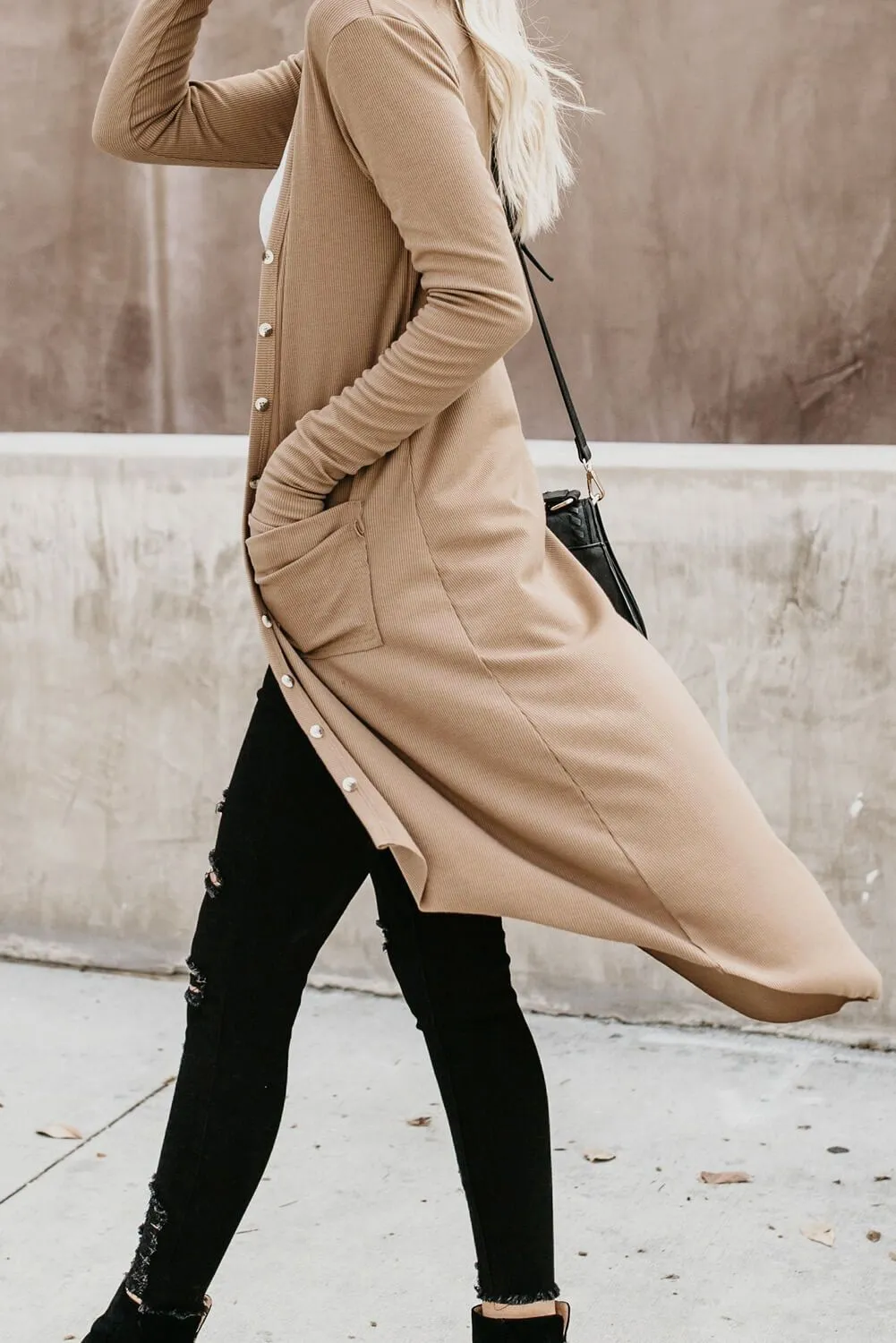 Khaki Selected Button Down Pocketed Knit High Low Long Cardigan