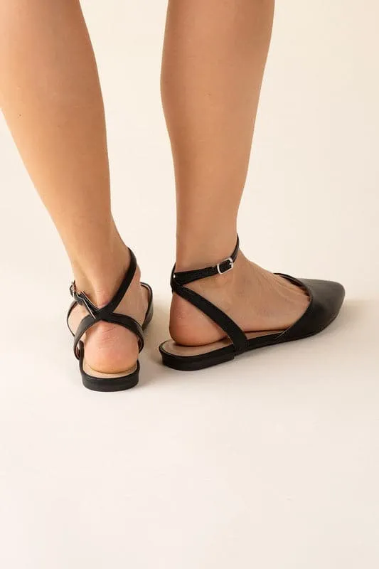 Lindsay Pointed Toe Ankle Strap Flats - Black or White