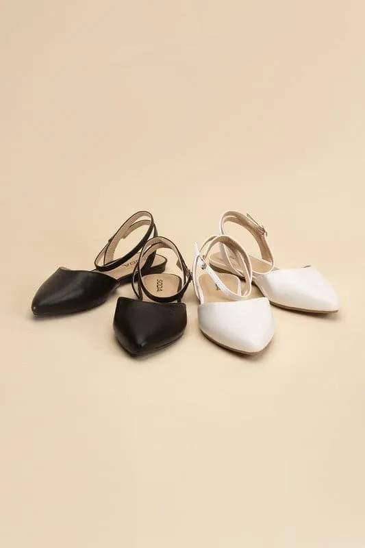 Lindsay Pointed Toe Ankle Strap Flats - Black or White