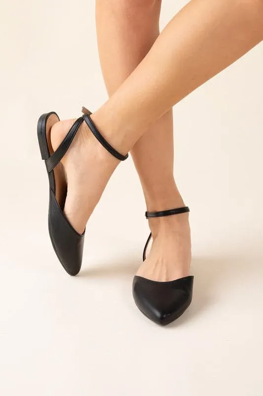 Lindsay Pointed Toe Ankle Strap Flats - Black or White