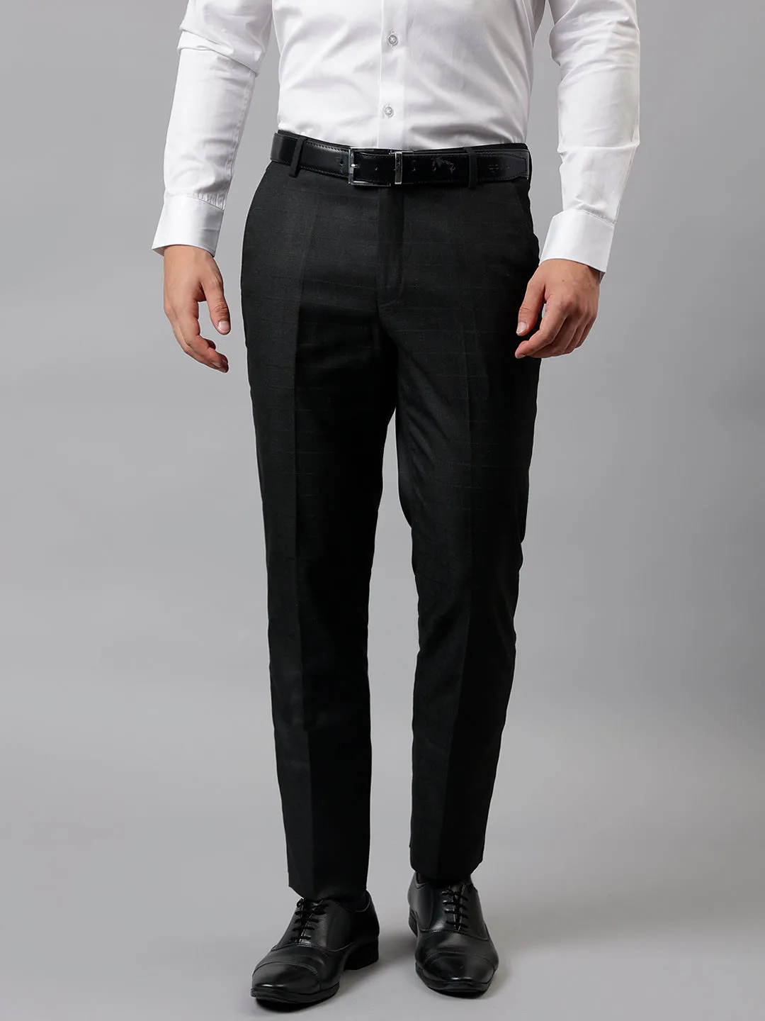 Men Black Regular Fit Checkered Mid Rise Formal Trouser