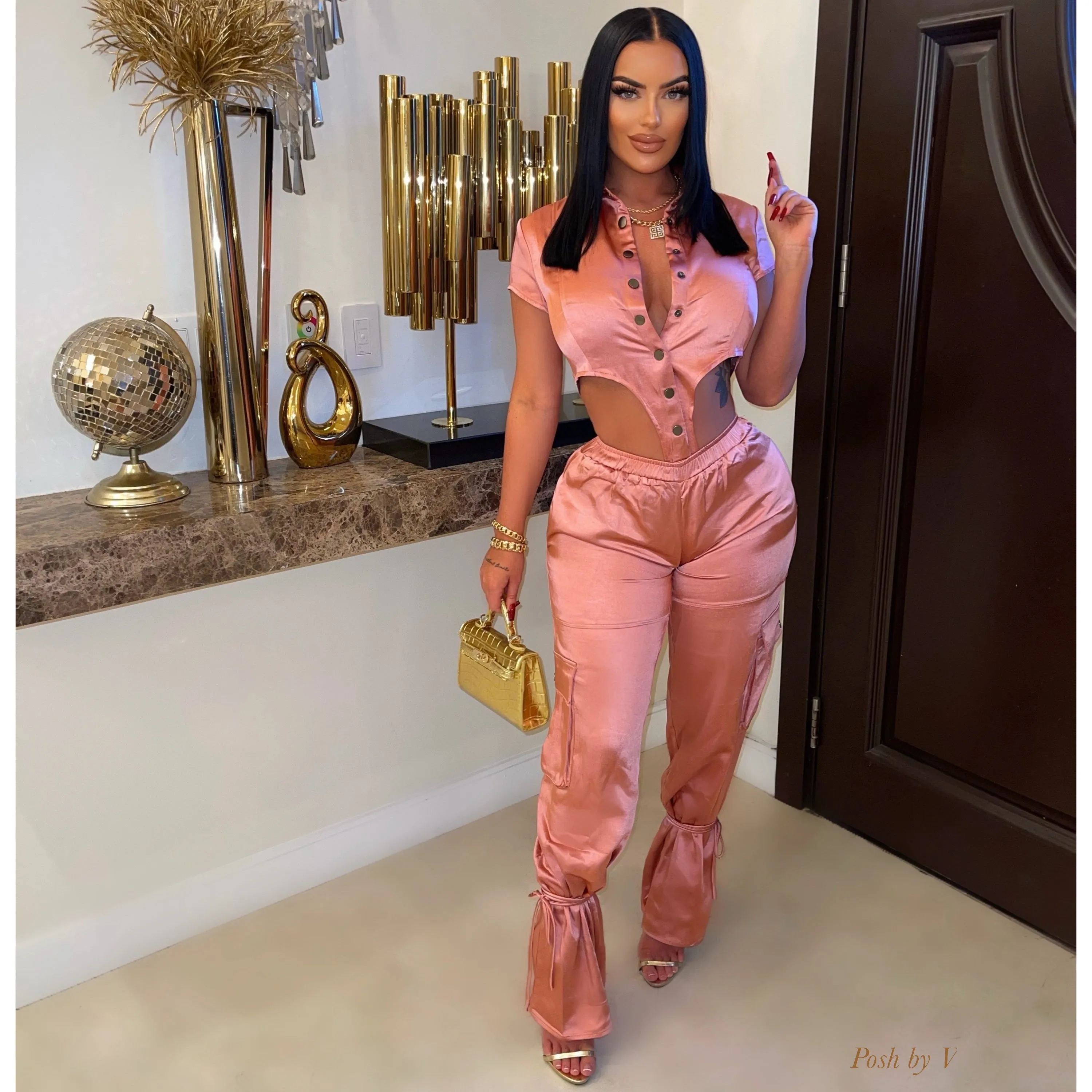 Mika silky bodysuit/ pants set (Coral)