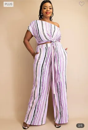 PLUS SIZE OFF SHOULDER WRAP AROUND TOP PANTS SET WITH POCKETS