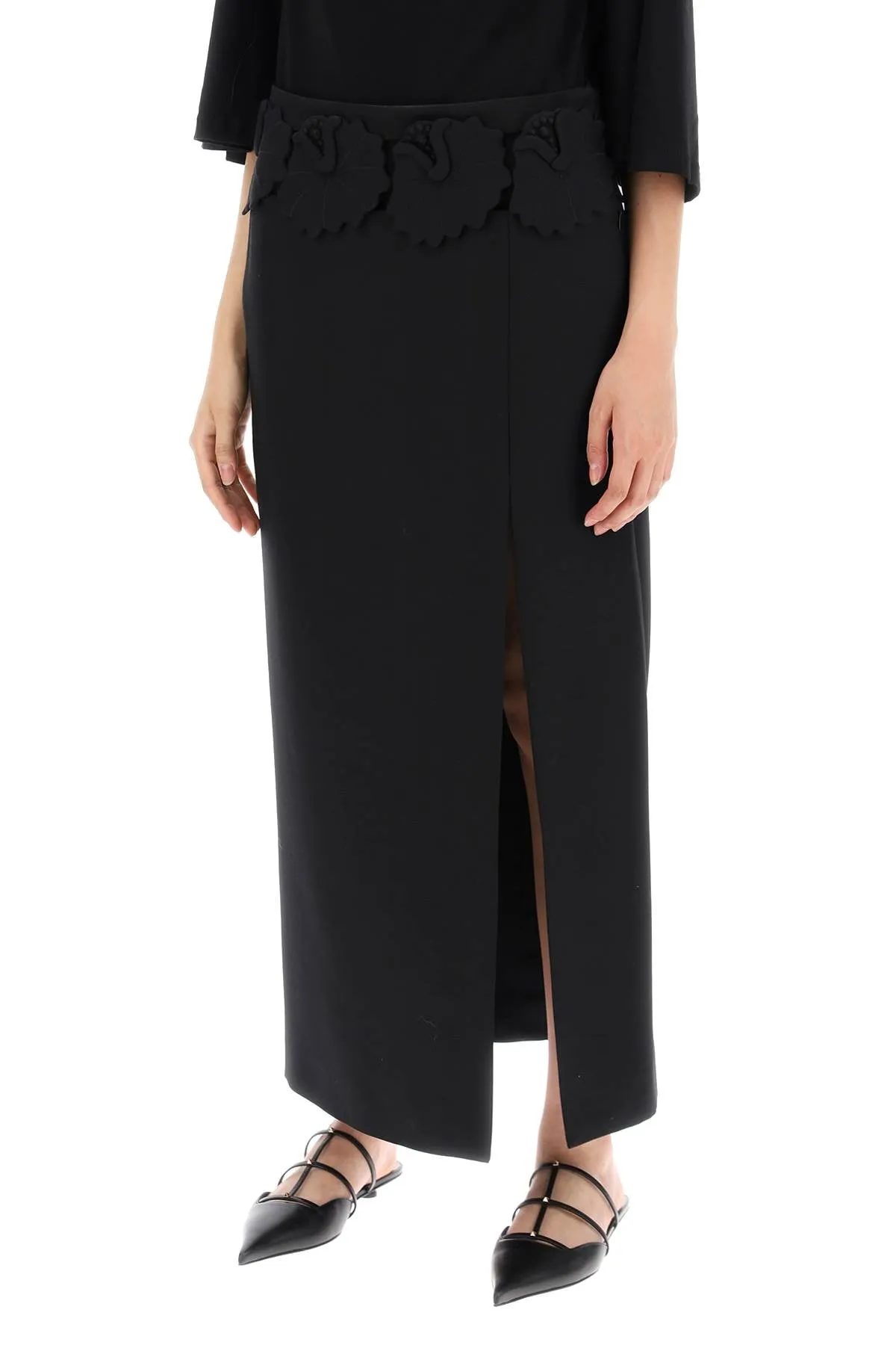 "mid-length wool and silk skirt with floral appliqué