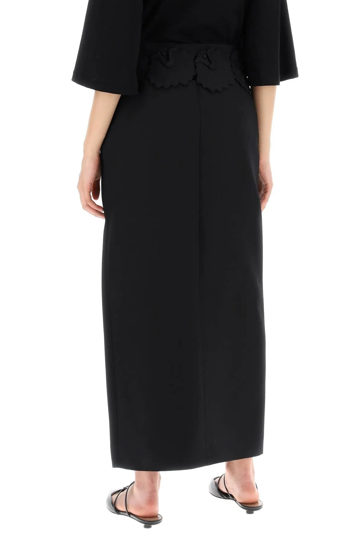 "mid-length wool and silk skirt with floral appliqué