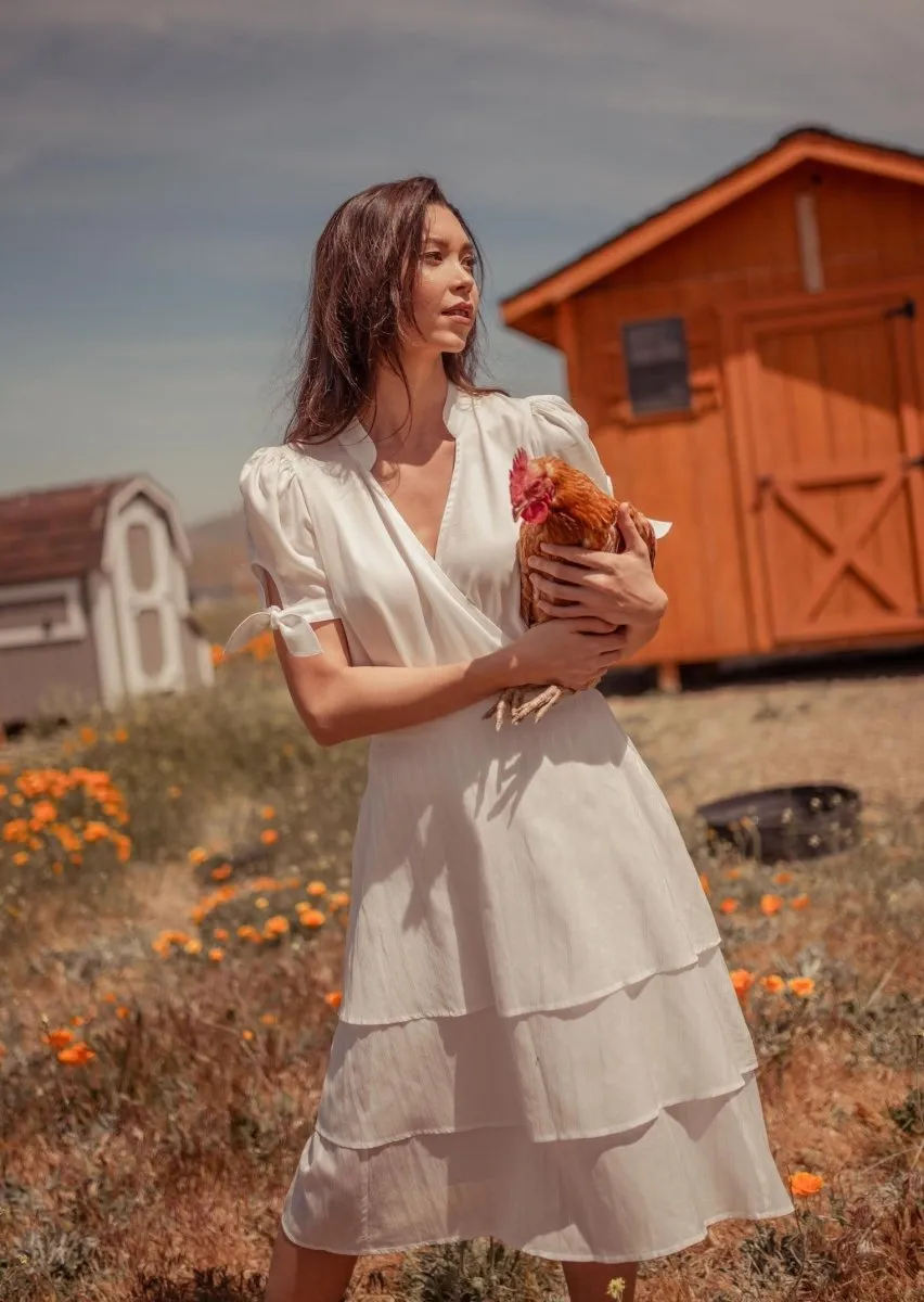 Sitha Faux Wrap Tencel Top with Puff Sleeves in White