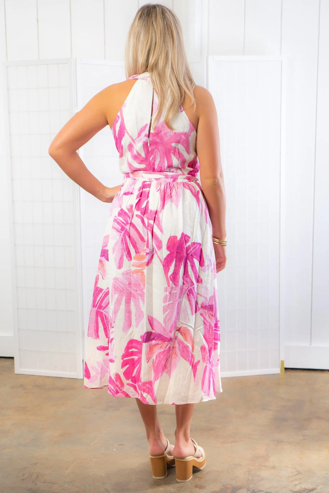 Vacay Ready Pink Palm Print Midi Dress