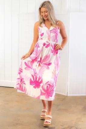 Vacay Ready Pink Palm Print Midi Dress
