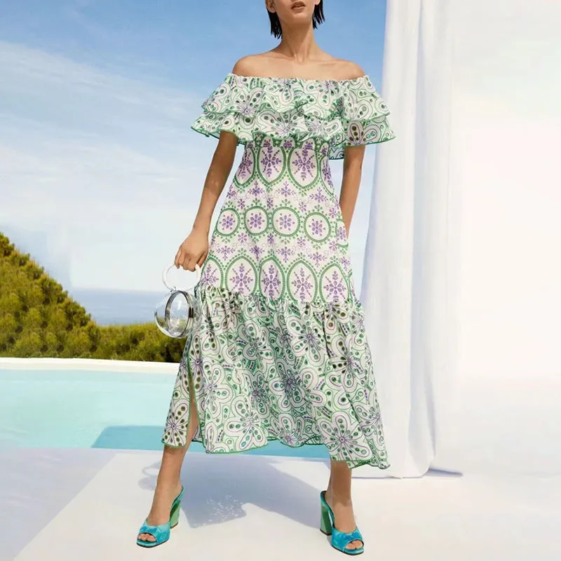 Women's Embroidered Cotton Eyelet Midi Dress with Flowy Ruffles