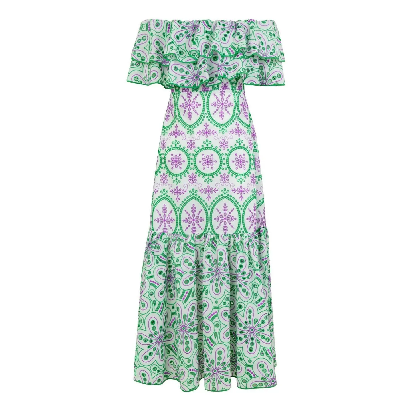 Women's Embroidered Cotton Eyelet Midi Dress with Flowy Ruffles