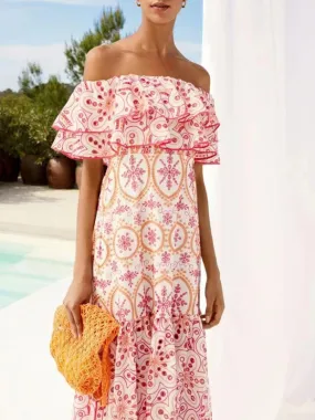 Women's Embroidered Cotton Eyelet Midi Dress with Flowy Ruffles