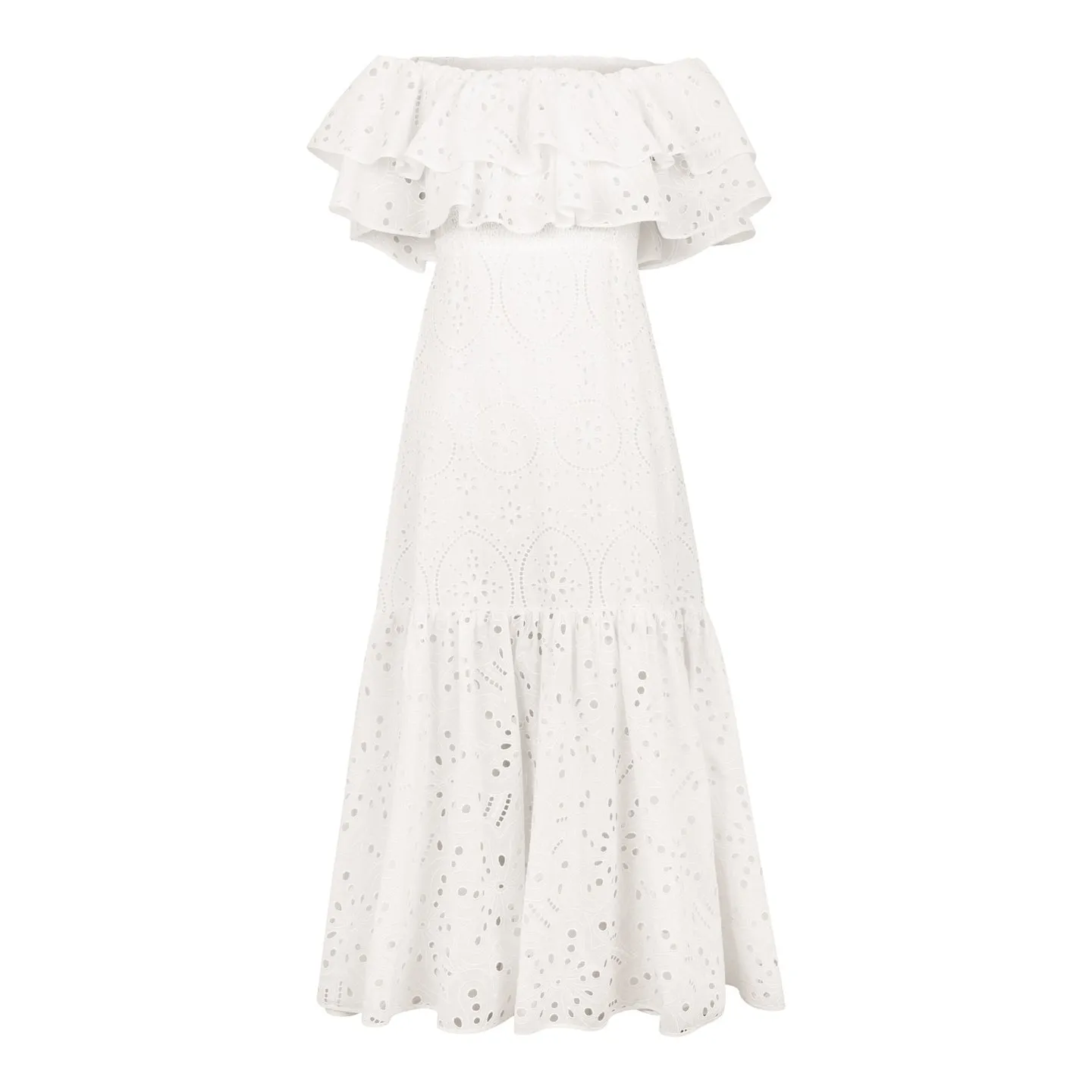 Women's Embroidered Cotton Eyelet Midi Dress with Flowy Ruffles