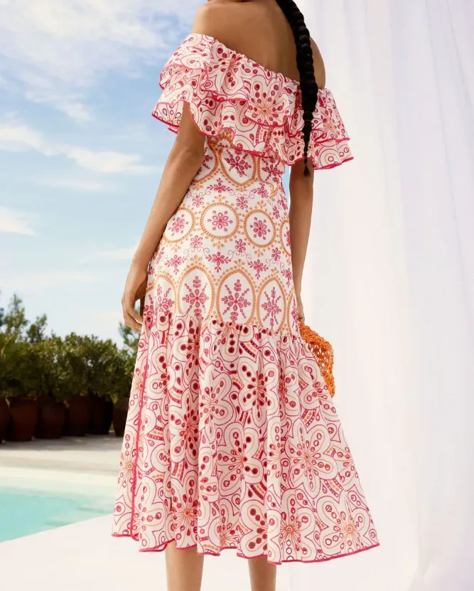Women's Embroidered Cotton Eyelet Midi Dress with Flowy Ruffles