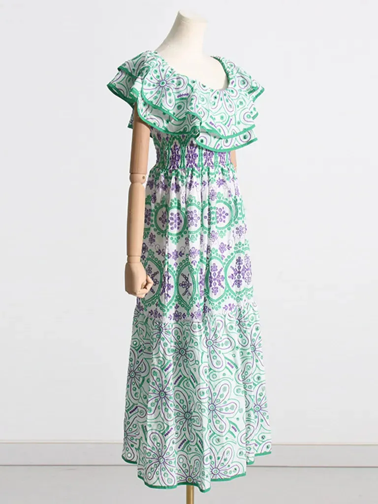 Women's Embroidered Cotton Eyelet Midi Dress with Flowy Ruffles