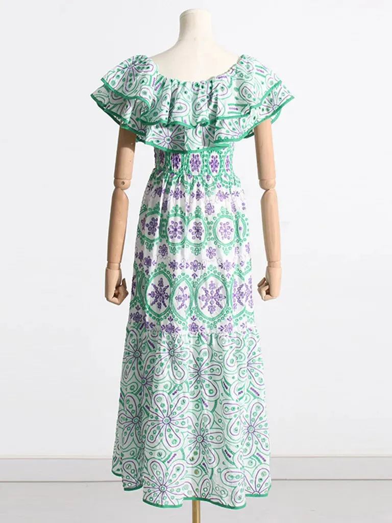 Women's Embroidered Cotton Eyelet Midi Dress with Flowy Ruffles