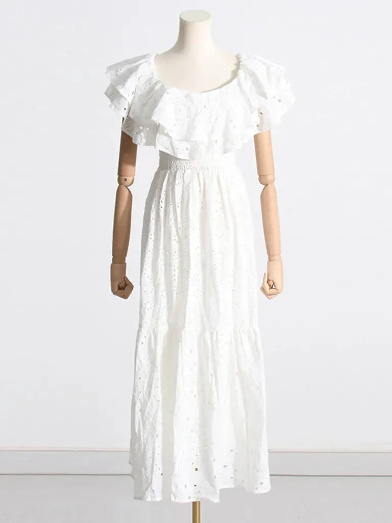 Women's Embroidered Cotton Eyelet Midi Dress with Flowy Ruffles