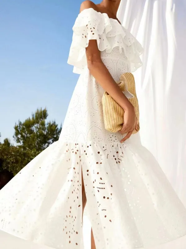 Women's Embroidered Cotton Eyelet Midi Dress with Flowy Ruffles