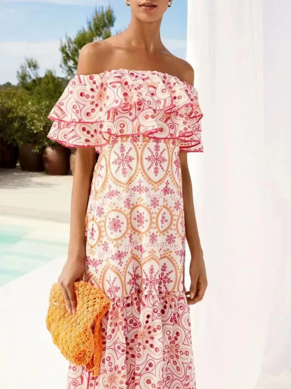Women's Embroidered Cotton Eyelet Midi Dress with Flowy Ruffles