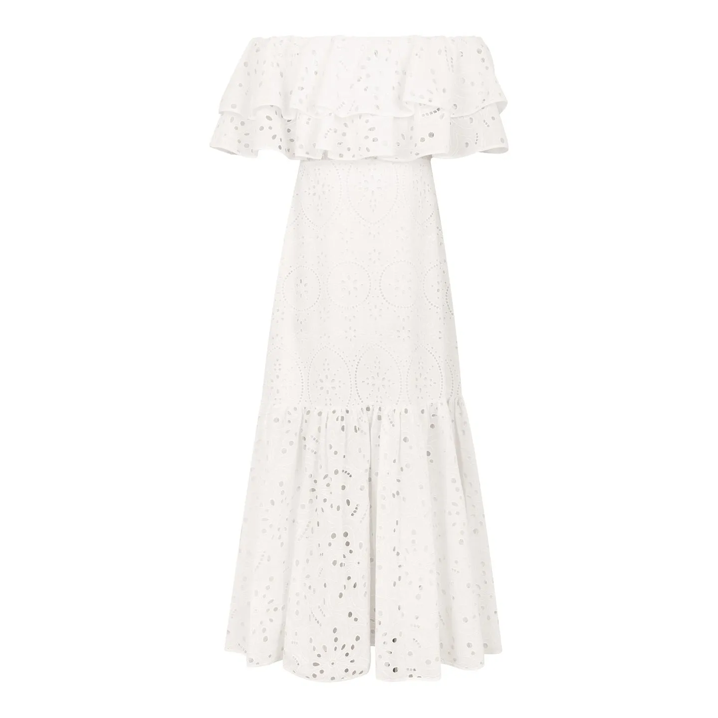Women's Embroidered Cotton Eyelet Midi Dress with Flowy Ruffles