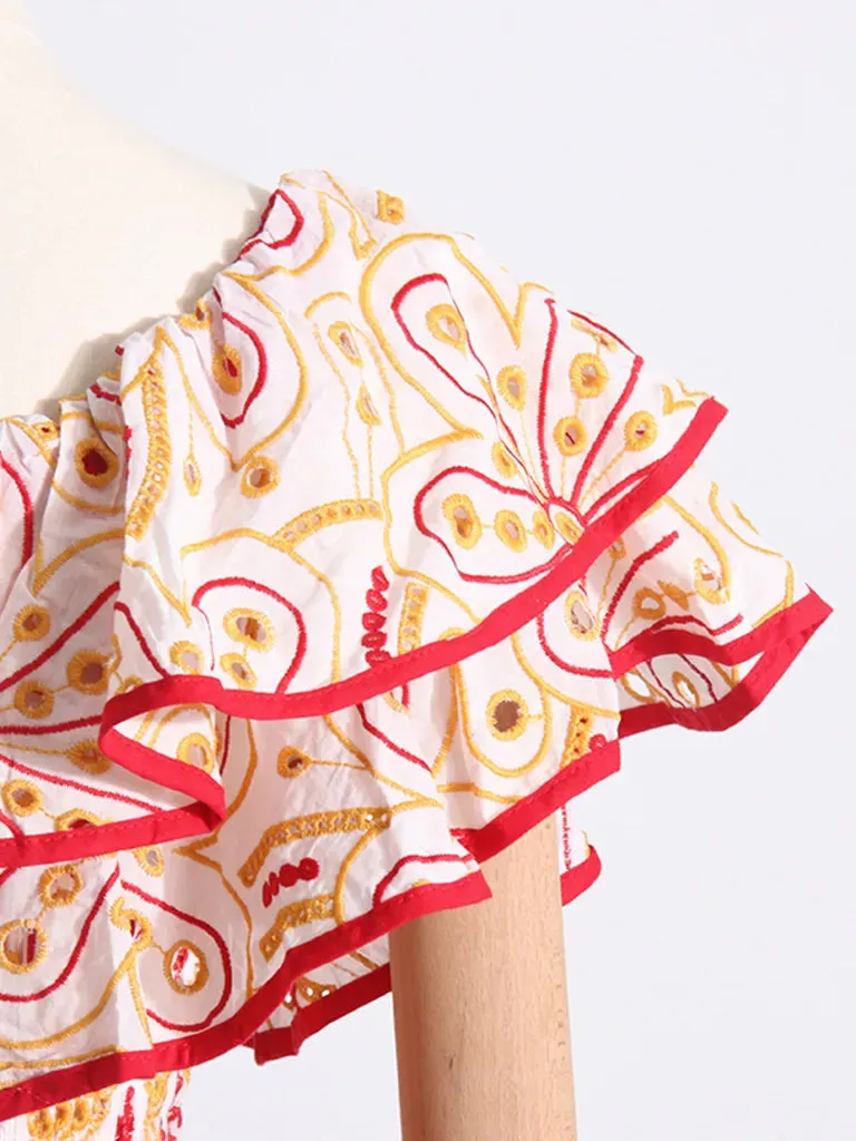Women's Embroidered Cotton Eyelet Midi Dress with Flowy Ruffles