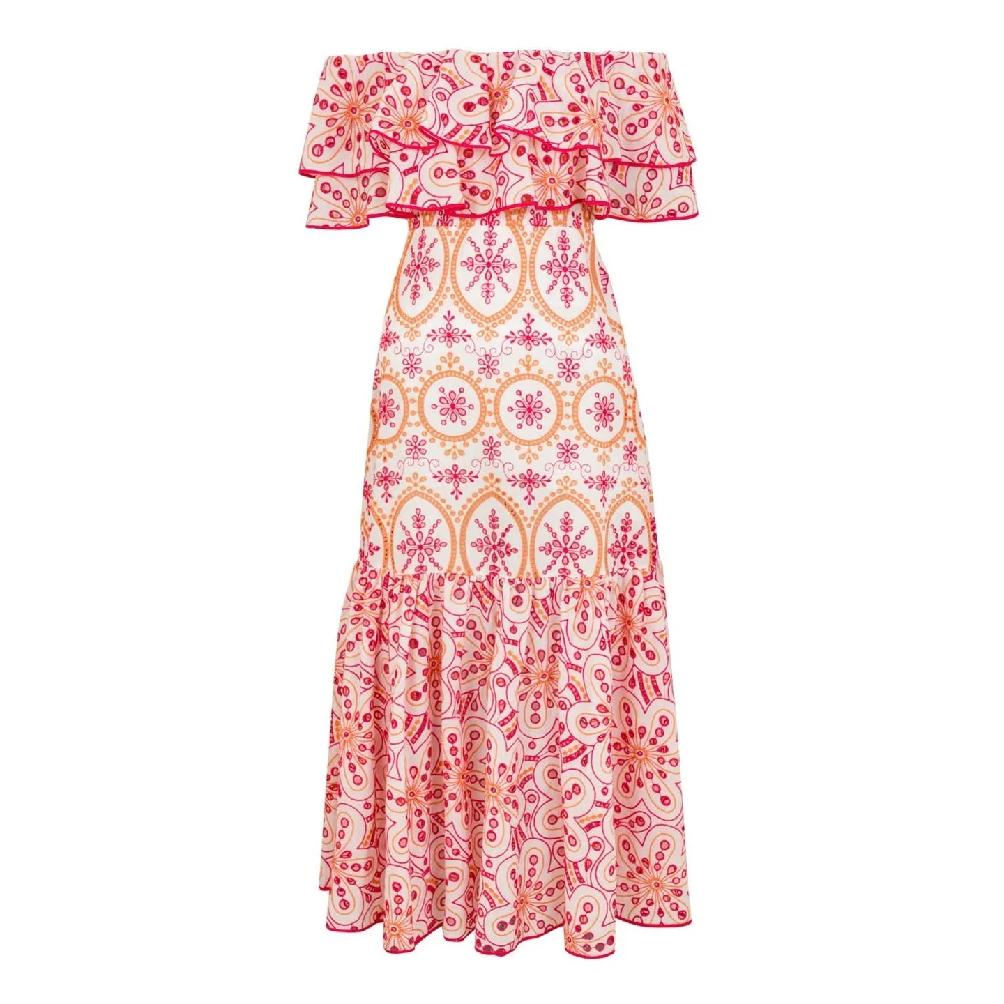 Women's Embroidered Cotton Eyelet Midi Dress with Flowy Ruffles