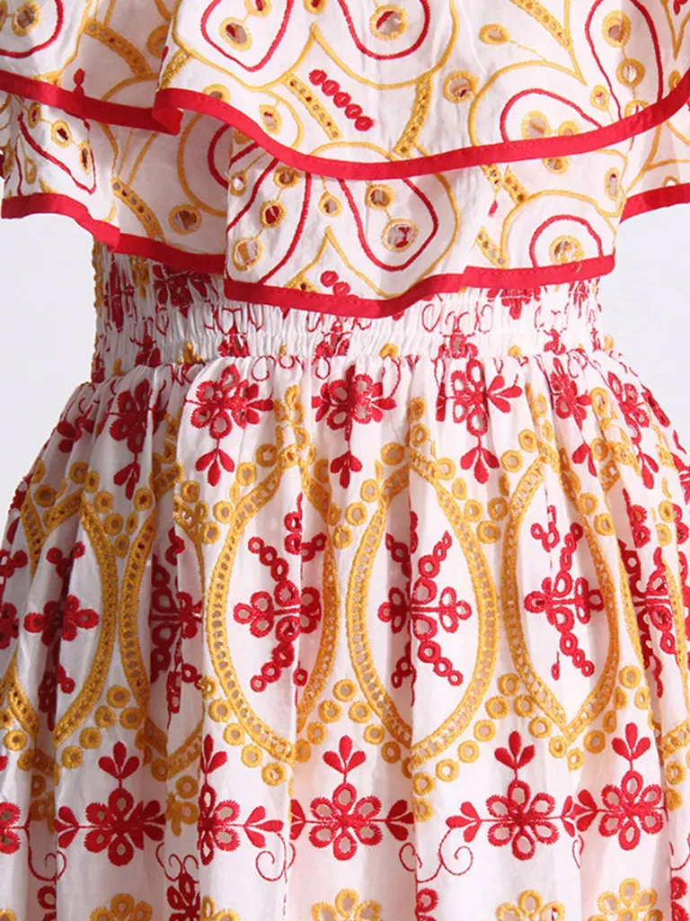 Women's Embroidered Cotton Eyelet Midi Dress with Flowy Ruffles
