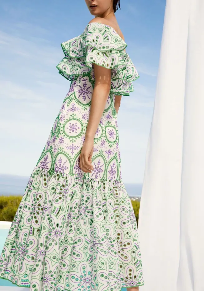 Women's Embroidered Cotton Eyelet Midi Dress with Flowy Ruffles