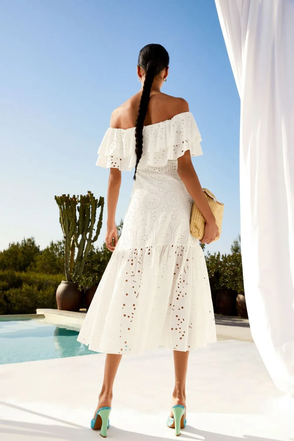 Women's Embroidered Cotton Eyelet Midi Dress with Flowy Ruffles