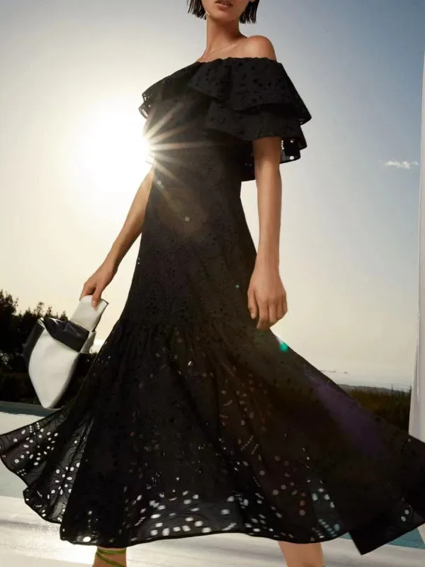 Women's Embroidered Cotton Eyelet Midi Dress with Flowy Ruffles