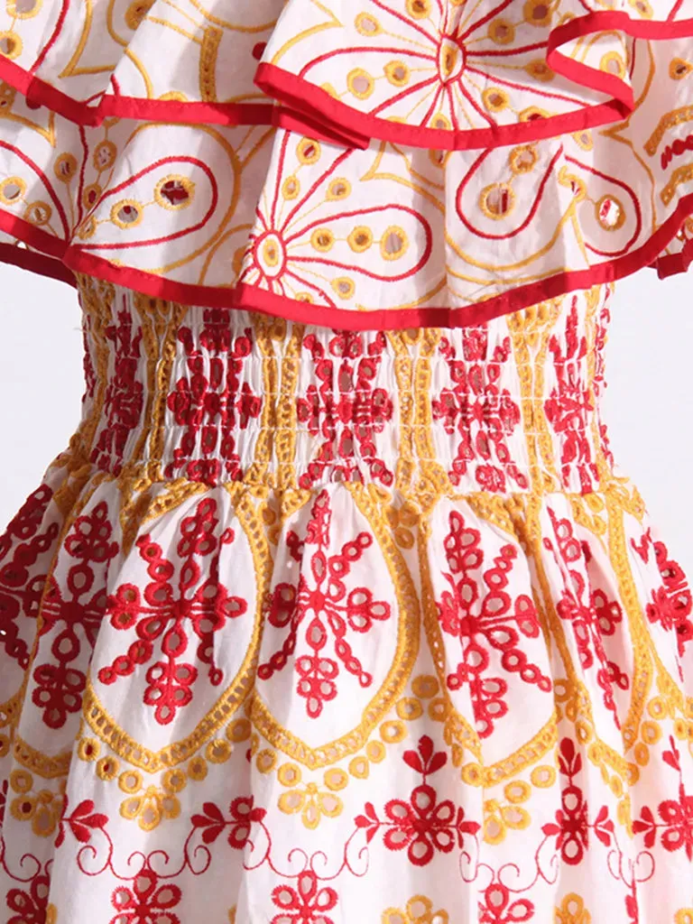 Women's Embroidered Cotton Eyelet Midi Dress with Flowy Ruffles