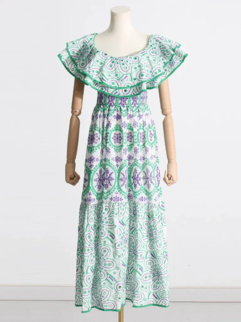 Women's Embroidered Cotton Eyelet Midi Dress with Flowy Ruffles