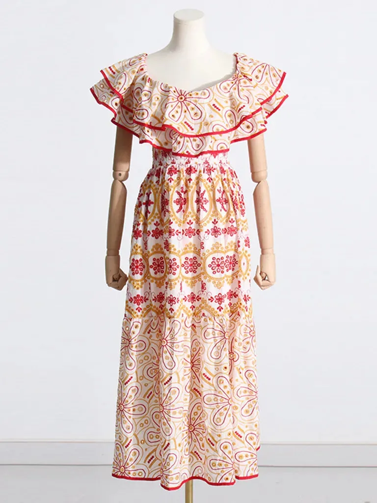 Women's Embroidered Cotton Eyelet Midi Dress with Flowy Ruffles