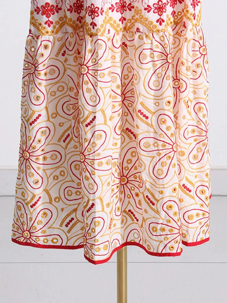 Women's Embroidered Cotton Eyelet Midi Dress with Flowy Ruffles