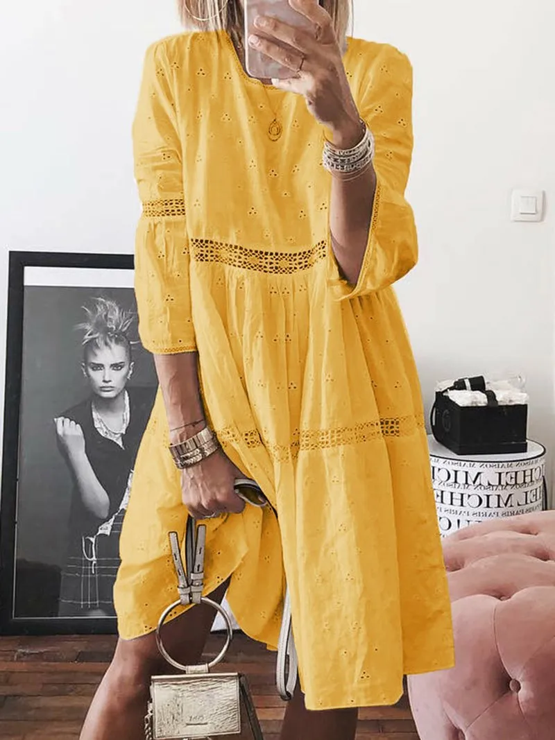 Women's patchwork crew neck 3/4 sleeve dress