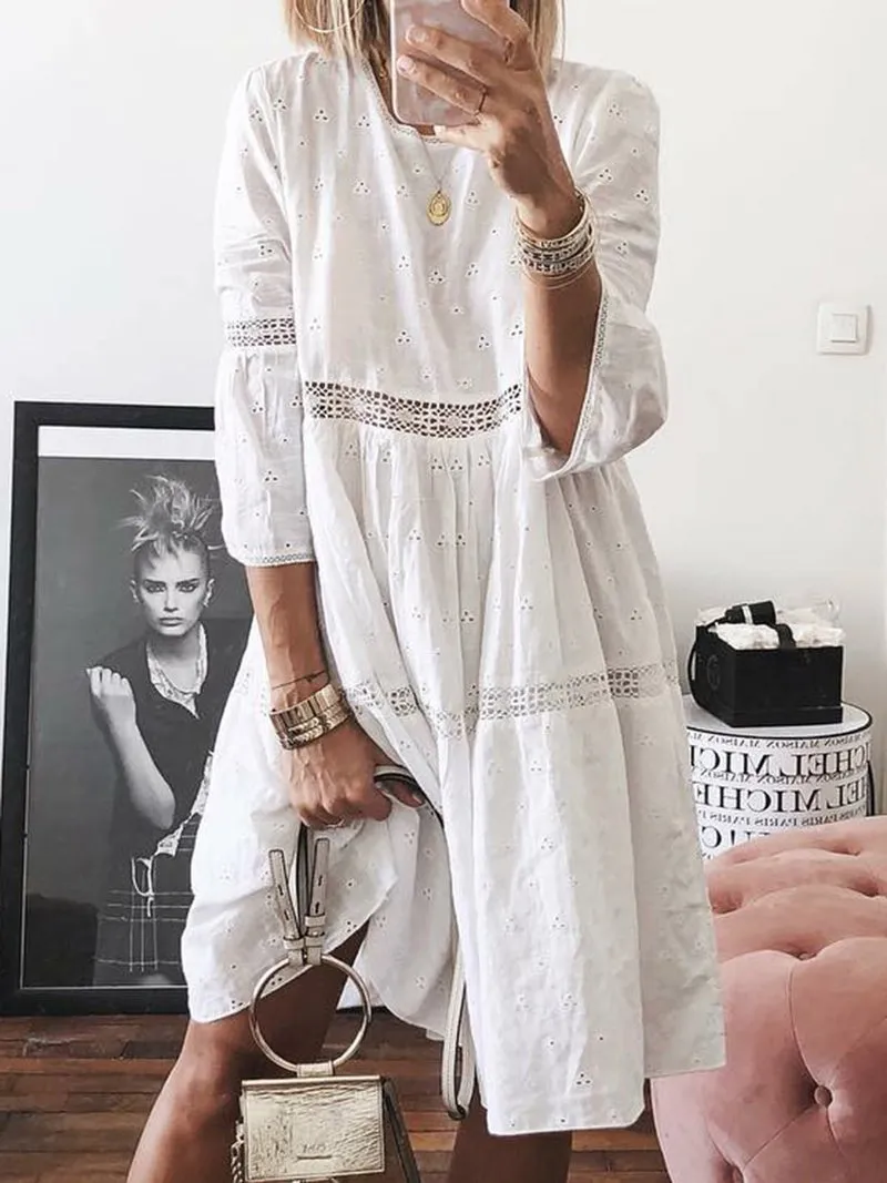 Women's patchwork crew neck 3/4 sleeve dress