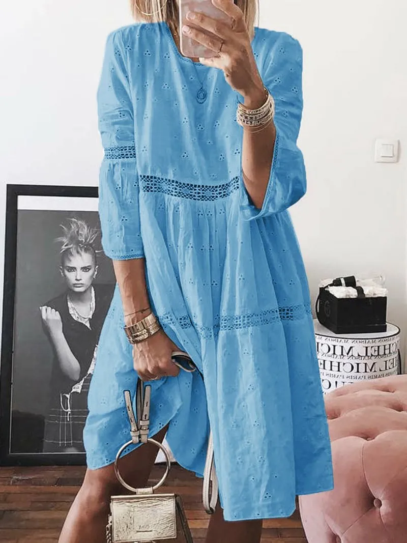 Women's patchwork crew neck 3/4 sleeve dress
